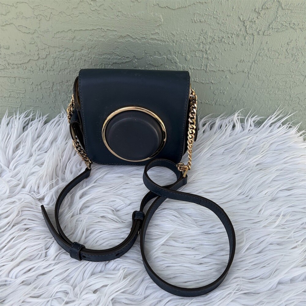 Michael Kors Camera Crossbody Bag Womens Small Navy Blue Gold Chain Strap